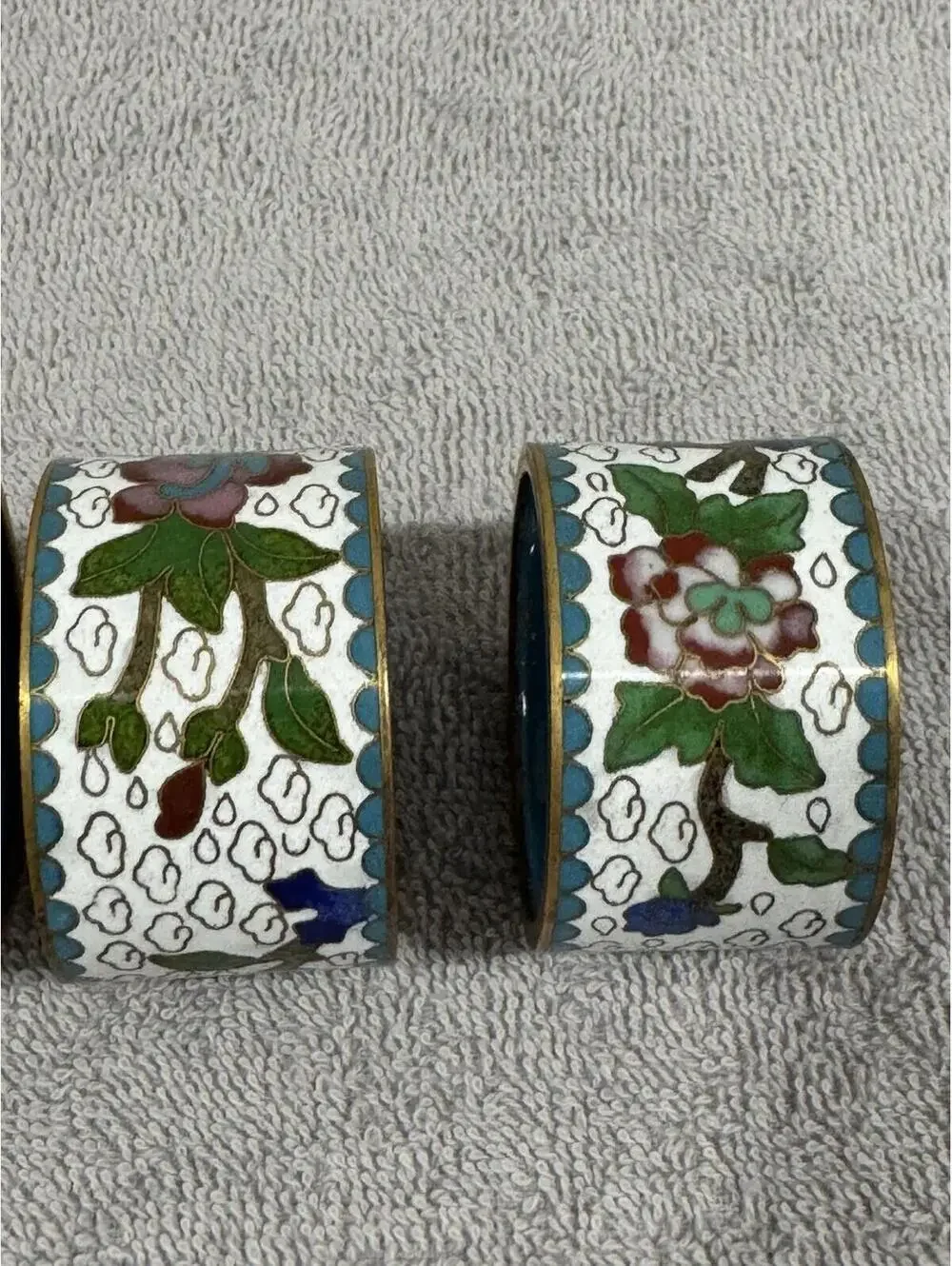 Vintage Cloisonné Enamel Napkin Rings Chinese 6 Red Blue Green Floral